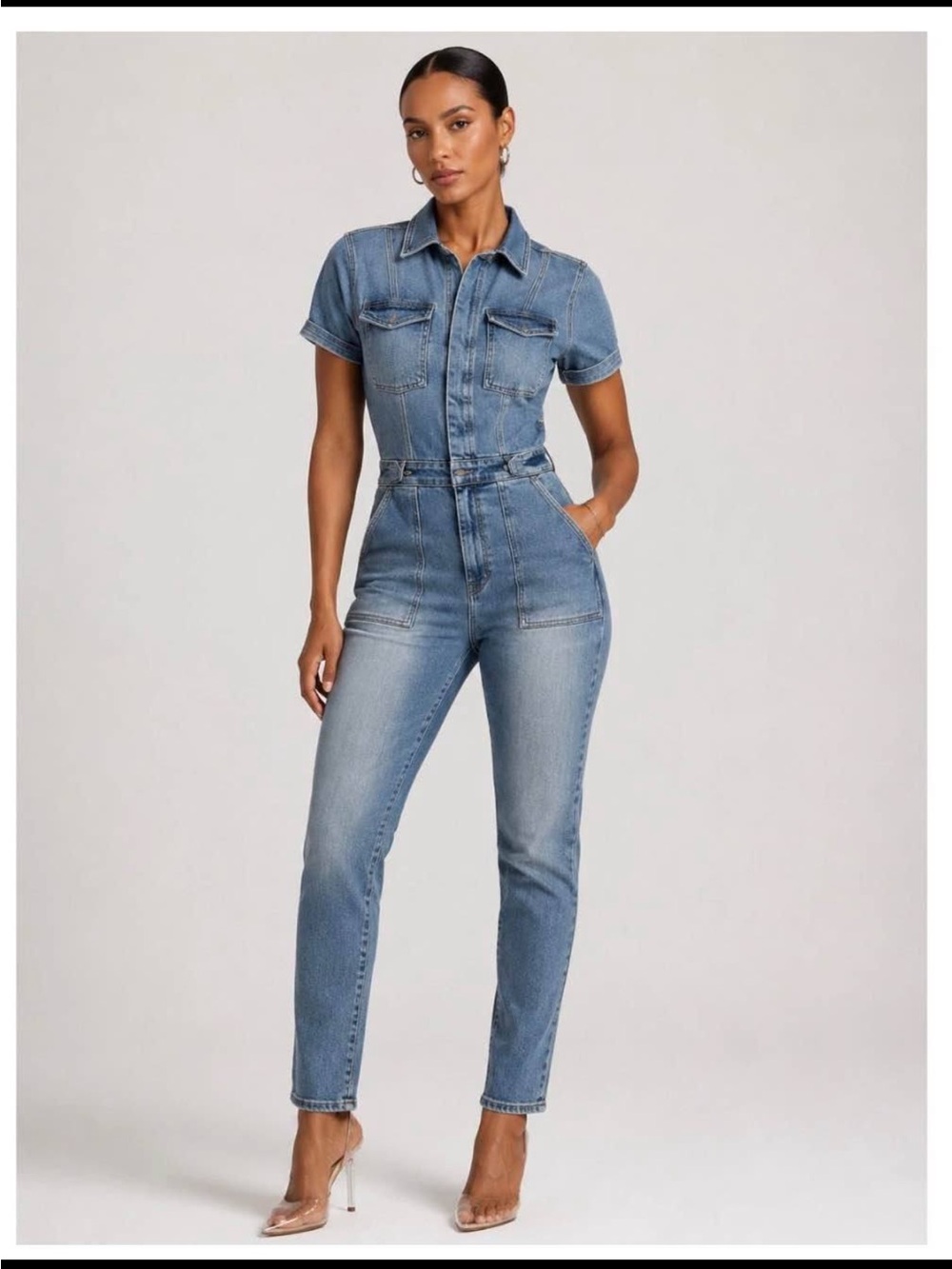 Good American Light Wash Denim Short-Sleeve Overalls